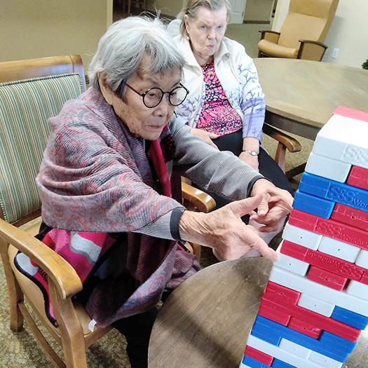 Two elderly women playing a game of jigsaw.